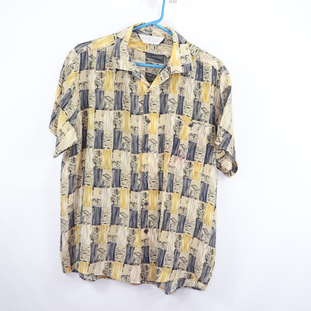90s Genelli Mens Medium Button Silk Shirt Yellow